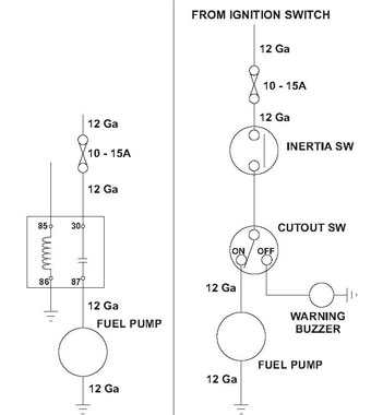 fuel pump wiring with relay, safety switch, and inertia switch