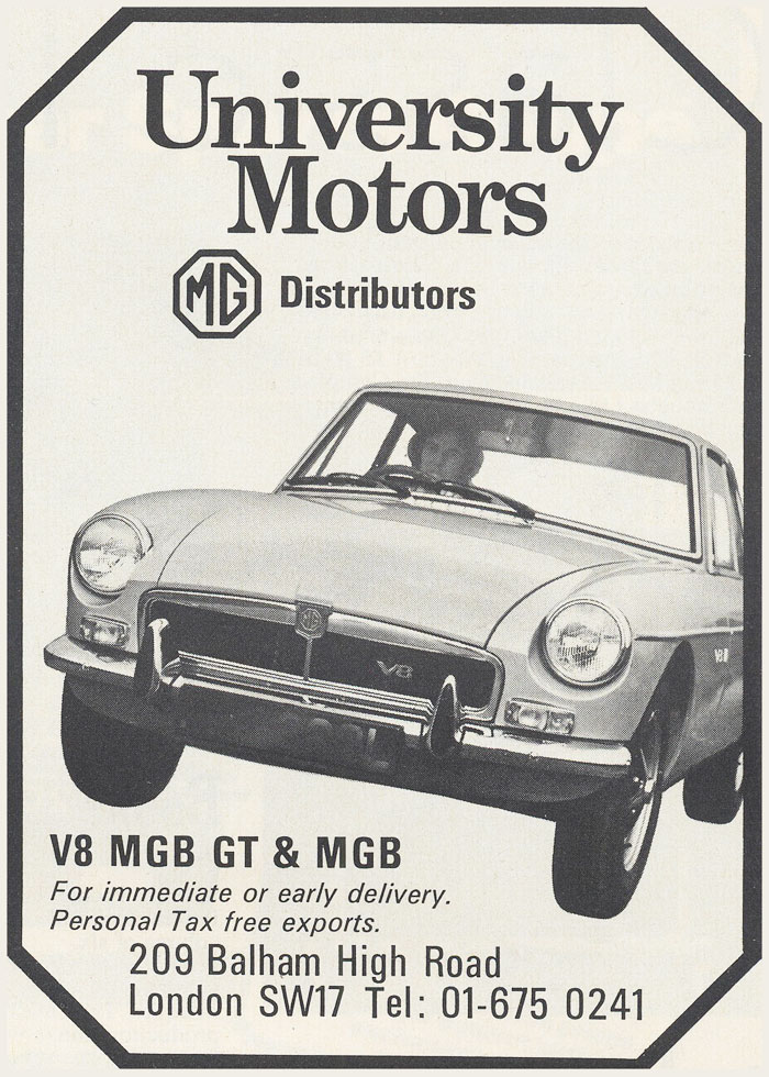University Motors' announces the MGB GT V8