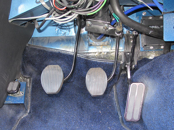 Sunbeam Alpine pedals. Note Spal electronic fan controller (upper right).