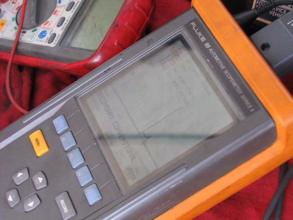 Fluke 98 Automotive Scopemeter Series II in secondary ignition test mode.